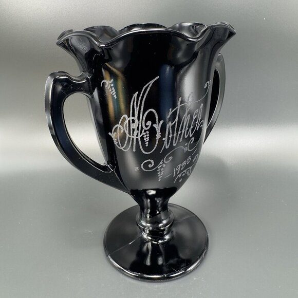 L E Smith Black Amethyst Glass Dancing Nymphs Trophy Glass Vase Etched Vintage - Picture 13 of 14